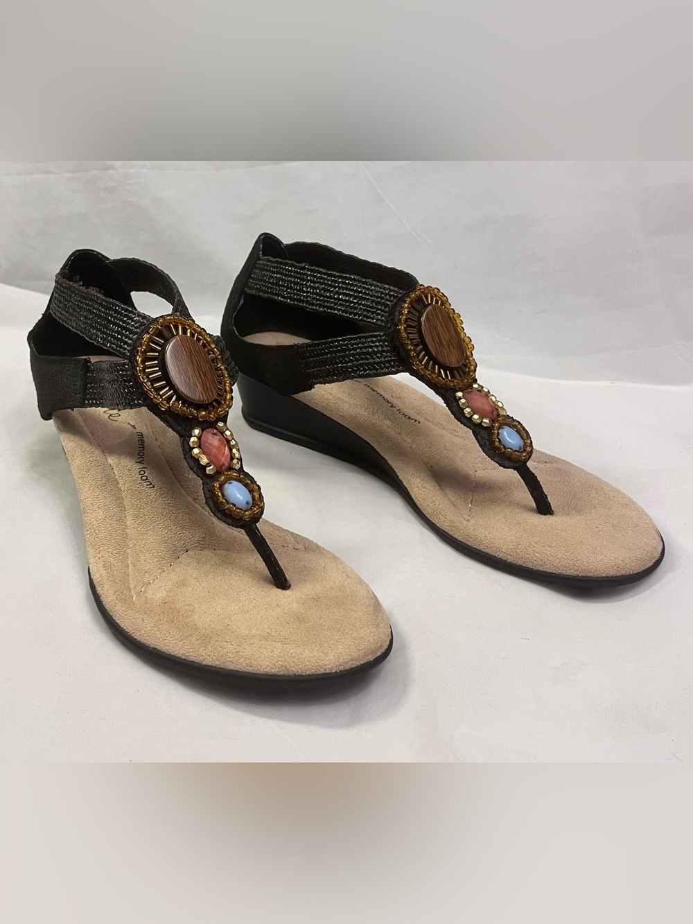 Mia Amore Comfort Memory Foam Black Beaded Wedge Sandals